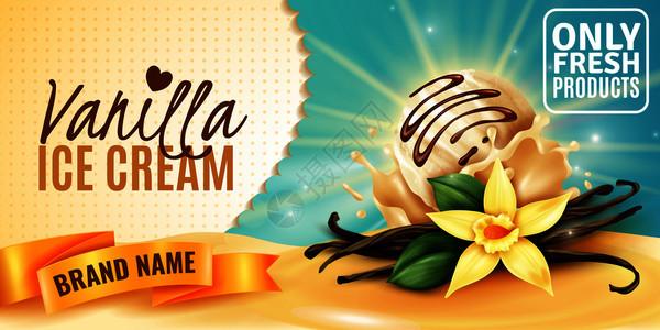 香草冰淇淋天然风味产品广告海报与植物花芳香种子豆荚现实矢量插图